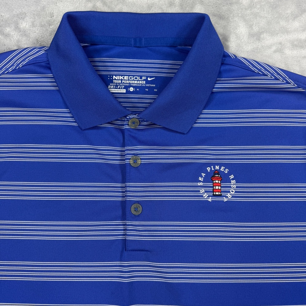 NIKE GOLF Tour Performance Dri Fit Polo Mens XL Blue Striped Sea Pines Logo